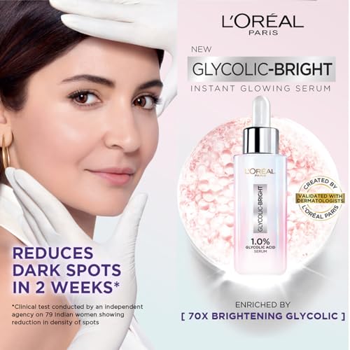 L'Oreal Paris Instant Glowing Serum, 1% Glycolic Acid, 2% Niacinamide, Reveals Even Skin Tone, Glycolic Bright Skin, 30ml