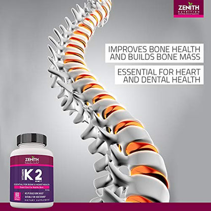Zenith Nutrition Vitamin K2 as MK7-55 mcg - 60 Veg Capsules | Supports Bones| Promotes Heart Health