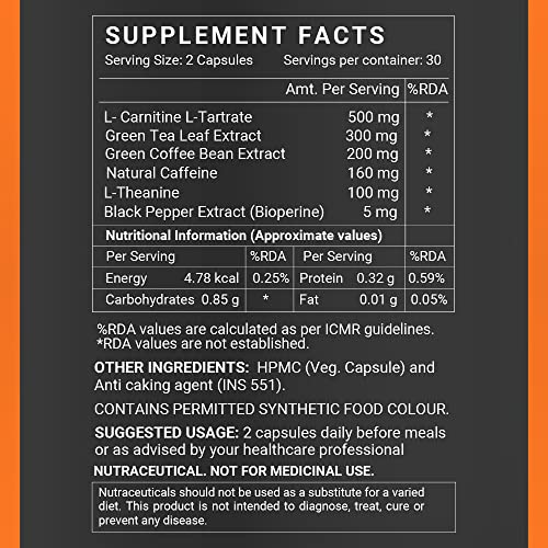 INLIFE Fat Burner with L-Carnitine, Natural Caffeine, L-Theanine, Bioperine Piperine Extract - 60 Veg Capsules