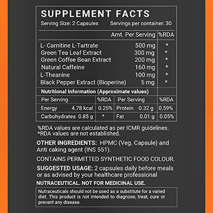 INLIFE Fat Burner with L-Carnitine, Natural Caffeine, L-Theanine, Bioperine Piperine Extract - 60 Veg Capsules