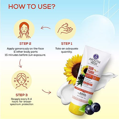 Ayouthveda Sun Turn Face Cream With SPF 30 PA+ For UVA/B Sun Protection| Non-Greasy | Enriched With Rosehip Seeds Oil & Aloevera (Pack of 1, 100G)