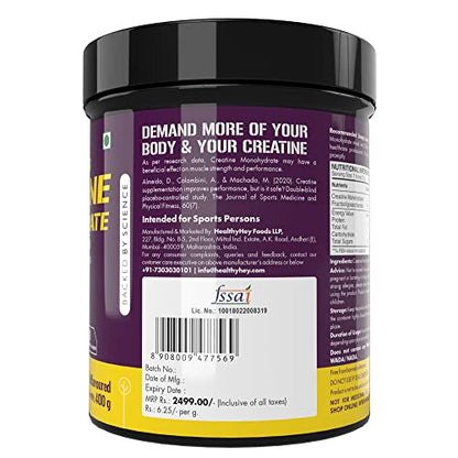 HealthyHey Sports Creatine Monohydrate for Muscle Building & Performance - 133 Servings (Unflavoured, 400g)