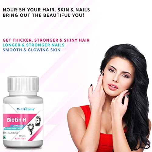 Nutrigrams Biotin-H- Biotin 100% RDA with Magnesium, Zinc, Spirulina, Moringa, Manjishtha, Bamboo SiGrowth, Glowing Skin & Stronger Nails - 60 Tablets