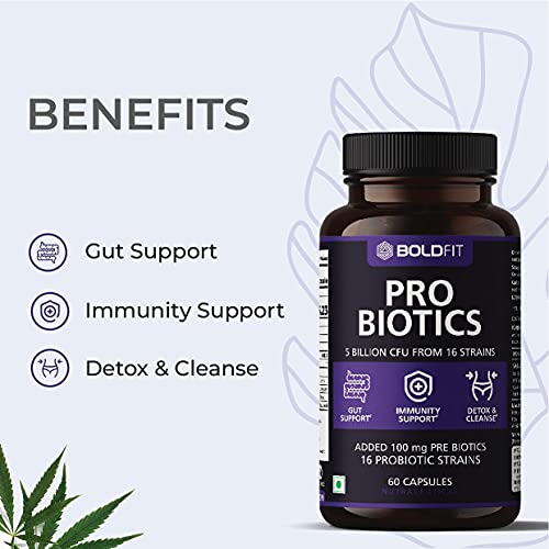 Boldfit Probiotics Supplement 5 Billion CFU For Men & Women with 16 Strains & Prebiotics - Gut Support, Digestion, Detox & Cleanse - 60 Veg Caps