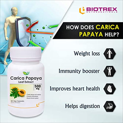 Biotrex Nutraceuticals Carica Papaya Leaf Extract Powerful Anti-oxidants (500 mg, 60 Capsules)- Pack of 2