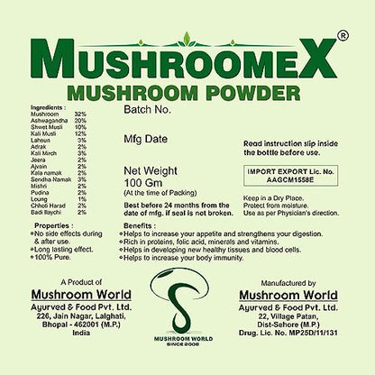 Mushroomex 100 Gram Mushroom Powder Ayurvedic Weight Gainer for Men Women with Natural Ingredients (Pack of 1)