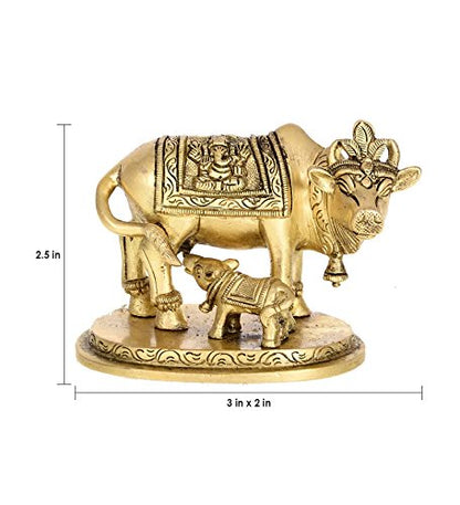 eCraftIndia Holy Kamdhenu Cow and Calf Brass Figurine (8 cm x 5 cm x 6, Golden and Yellow)