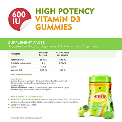 British Biologicals - Sirus Vitamin D3-60 Gummies for Women & Men - Supports Immunity, Bones, Teeth, Nervous System - Gluten Free - Green Apple Flavor