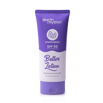 Earth Rhythm Lemon Balm Butter Body Lotion SPF 50 PA+++ | Soothes Skin & UVA & UVB Sun Protection | r winter| for All Skin Type | Men & Women – 200 ml