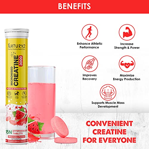Naturyz Micronized Creatine 3000 Effervescent | Sustained Energy | Muscle Strength - 45 Tablets (Watermelon Flavour)