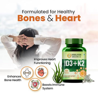 Himalayan Organics Vitamin D3 600 IU + K2 as MK7 Supplement | Supports Stronger Immunity & Bone & He Healthy Heart For Men And Women - 120 Veg Tablets