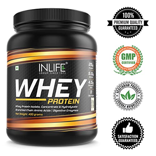 Inlife Whey Protein Powder With Isolate Concentrate Hydrolysate & Digestive Enzymes - 400 Grams (Vanilla)
