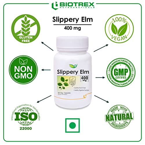 Biotrex Nutraceuticals Slippery Elm 400mg 60 Veg Capsules, Dietary supplement to strengthen Immune Samin for men, women and adults, health supplements