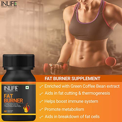 INLIFE Fat Burner with L-Carnitine, Natural Caffeine, L-Theanine, Bioperine Piperine Extract - 60 Veg Capsules