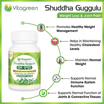 SHUDDHA GUGGULU 500 mg, Pack Of 60 Capsules, 100% Natural, Ayurveda Herb, Health, Dietary, Herbal, Nutrition Supplements (Pack of 1)