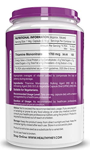 HealthyHey Nutrition Vitamin B1 Thiamine 1700 mcg - 120 Veg Capsules