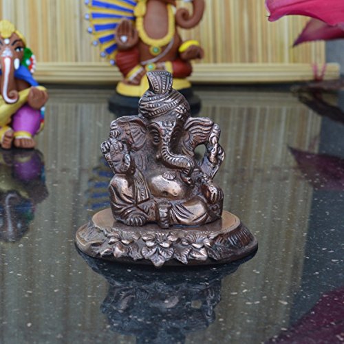 eCraftIndia Pagdi Lord Ganesha on Flower Metal Figurine (10 cm x 9 cm x 9 cm, Brown)