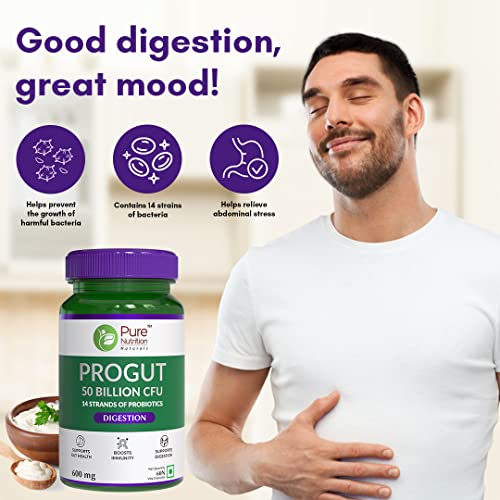 Pure Nutrition Naturals Progut 50 billion CFU with 14 strains of probiotic bacteria l Probiotic caps and Men to Support Gut Health l - 60 veg Capsules