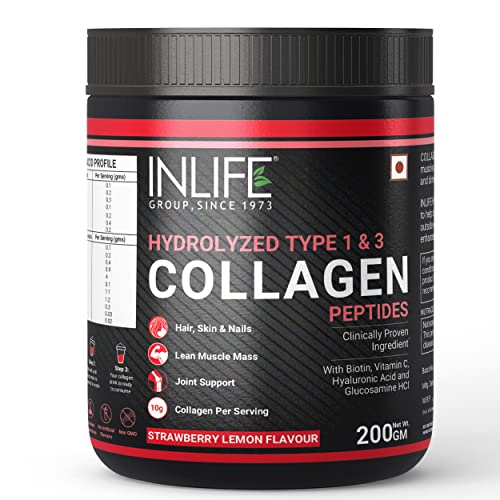 INLIFE Hydrolyzed Collagen Peptides Powder Supplements Type 1,3, Biotin, Vit C, Hyaluronic Acid, Glucosamine - 200g (Strawberry Lemon)