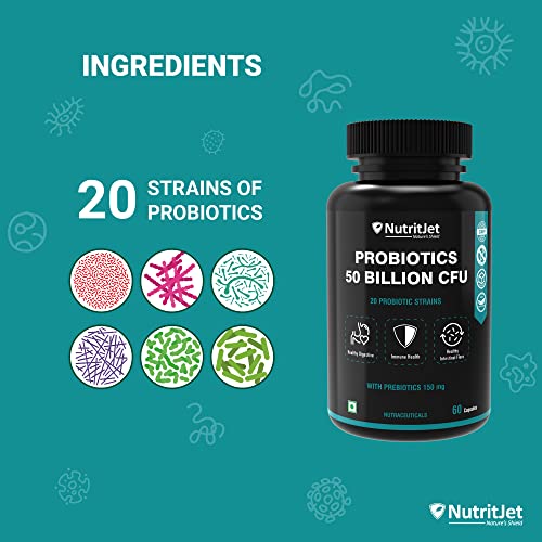 NutritJet Probiotics Supplement 50 Billion CFU For Men & Women with 20 Strains With Prebiotics Bettenity, Detox & Improve Gut Health - 60 Veg Capsules