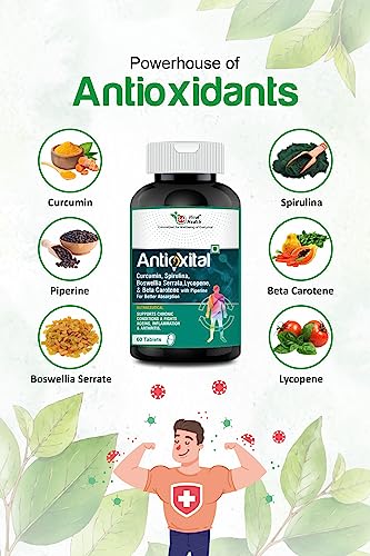 Hiral Health's Antioxital tablets: Antioxidant Supplement for Natural Detox & Energy Booster - Reviton by Expert - Spirulina, Curcumin Lycopene & more