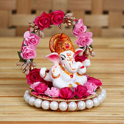 eCraftIndia Lord Ganesha Idol on Decorative Handcrafted Plate with Throne of Pink and Red Flowers