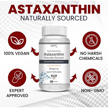 Vokin Biotech Astaxanthin 29mg - Naturally Sourced from Algae - Non-Synthetic - Best or Healthy Ageing - 90 Capsules