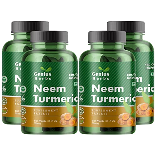 Genius Herbs Neem Turmeric Tablets 500 mg | Best Detox | Boosts Immunity| 180 No.s 45 days Pack of 4