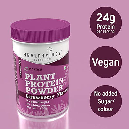 HealthyHey Nutrition Plant Protein Powder, Vegan - Strawberry Flavour, Low Net Carbs, Gluten, Lactose Free, No Sugar - 500gm (Strawberry)