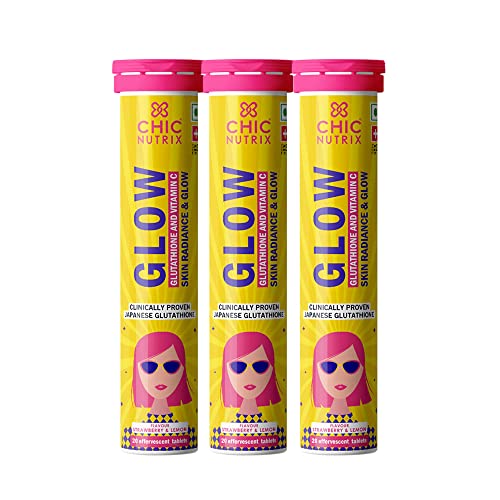 Chicnutrix Glow - 500mg Japanese Glutathione & Vit. C for Brighter Skin | 60 effervescent tablets | Skin Glow & Radiance | Strawberry-lemon flavour