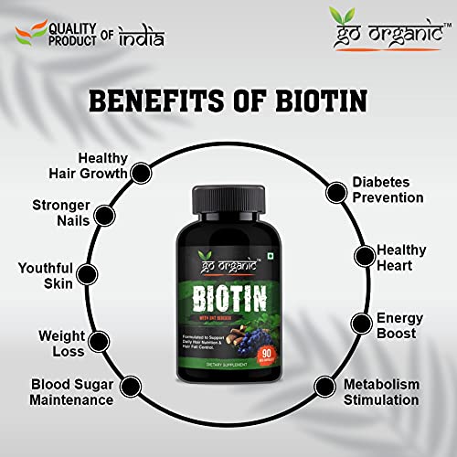 Go Organic Plant Based Biotin 10000 mcg With DHT Blocker (Rosemary Extract, Beta sitosterol, Pumpkinin) for good looking Hair, 90 Capsules (Pack Of 1)