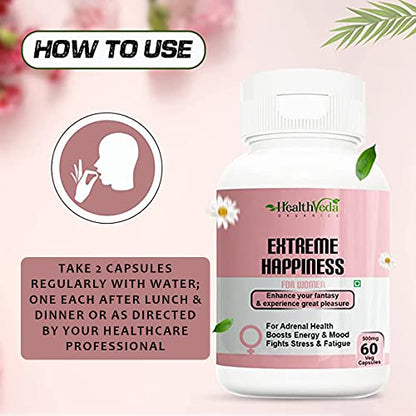 Health Veda Organics Extreme Happiness 500 mg I 60 Capsules I Enhances Immunity & Improves Energy Levels I Boosts Stamina I Only for Women