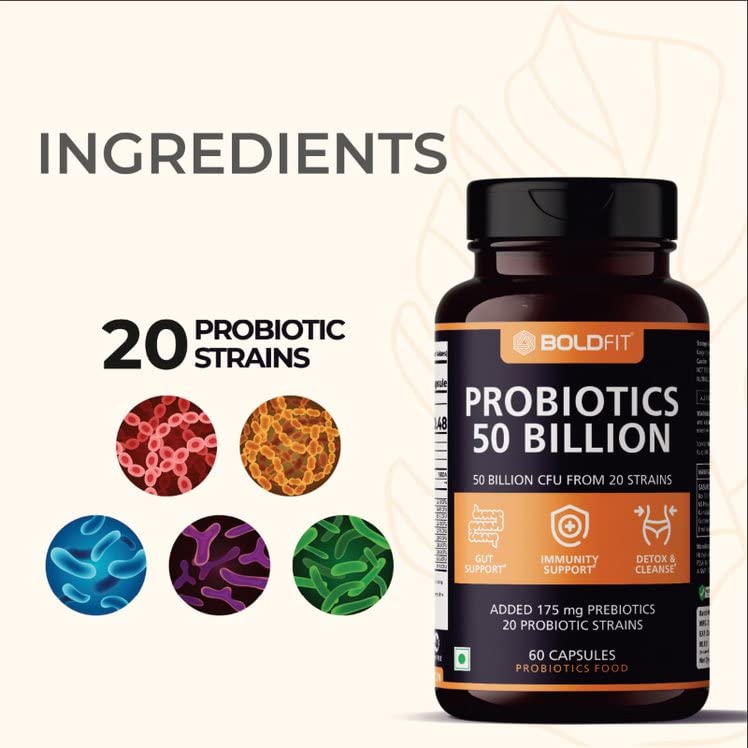 Boldfit Probiotics Supplement For Women and Men 50 Billion CFU, 16 Strains with Prebiotics - 60 Veg Capsules, (Probiotics50B60)