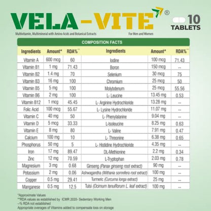 VELAVITE 38 Essential Vitamins, Minerals, Amino Acids and Botanical Extracts for an Overall Good Health- Pack of 30 Tablets