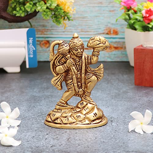 Nexplora Industries Pvt. Ltd. Brass Lord Hanuman Idol Statue Bajrang Bali Murti Showpiece, Height 10 cm, Gold Antique, 1 Piece