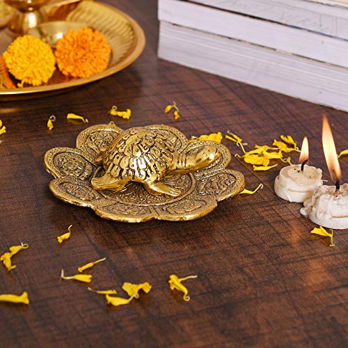 Metal Feng Shui Tortoise On Plate Showpiece - Gold Tortoise for Good Luck Money - Best Gift for Career and Good Luck Vastu