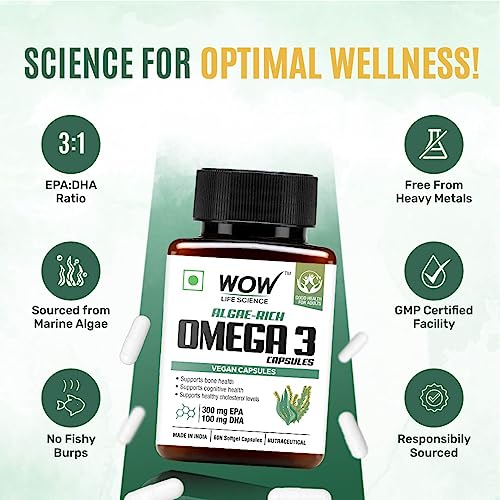 WOW Life Science Algae Rich Omega 3 Capsules Pack of 60 Vegetarian