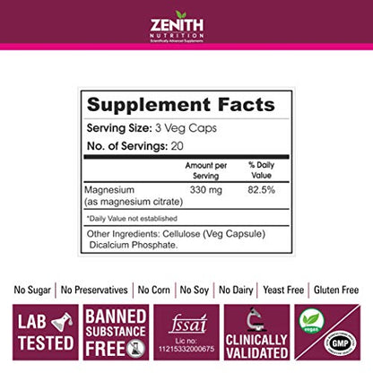 Zenith Nutrition Magnesium Citrate 330mg – 120 Veg capsules (60 caps X 2 Bottles) | Nutritive Supporealthy Heart, Muscle, Nerve & Circulatory Function