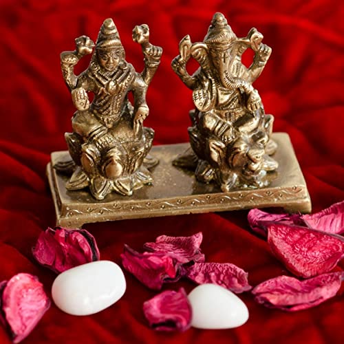 eCraftIndia Antique Finish Brass Laxmi Ganesha on Lotus Base (3.8 cm x 8.9 cm x 8.9 cm, Brown)