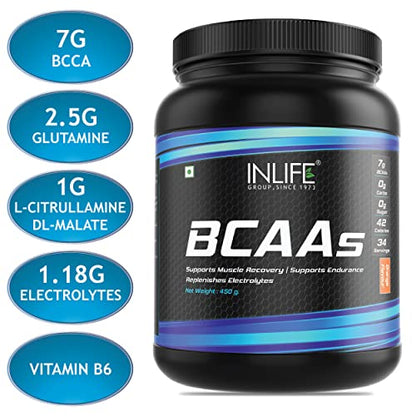 INLIFE BCAA Supplement 7g Amino Acids Instantized for Pre Post & Intra Energy Drink for Workout (Orange, 450g)