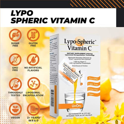 ASTERVEDA Lypo-Spheric Vitamin C Supplements, Supports Natural Collagen Production, Immune System, Rich in Antioxidants (30 Packets)