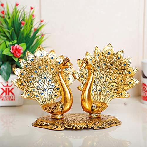 KridayKraft Metal Double Lovers Peacock Statue, Showpiece Figurine- Standard, Gold