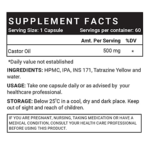 INLIFE Castor Oil Supplement for Hair and Skin, Natural Laxative, Quick Release, 500mg – 60 Liquid Filled Veg Capsules