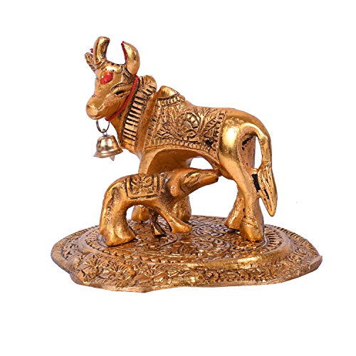 Collectible India Kamdhenu Cow with Calf Metal Statue Figurine (Set of 1), Golden