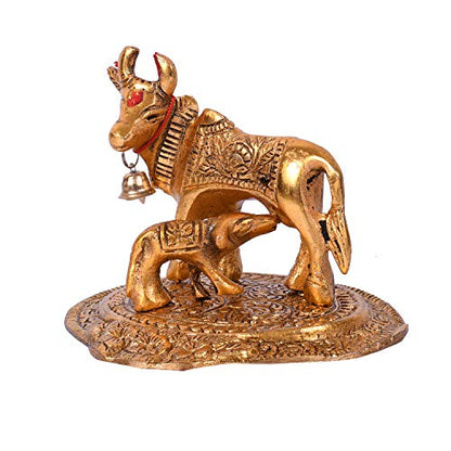 Collectible India Kamdhenu Cow with Calf Metal Statue Figurine (Set of 1), Golden