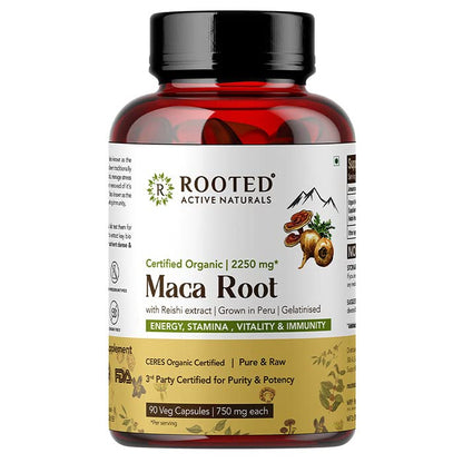 Rooted Actives Maca Root powder with Reishi Mushroom extract (90 Veg Caps, 750 mg) -Stamina, VirilitImported from Peru, Certified Organic, Gelatinised