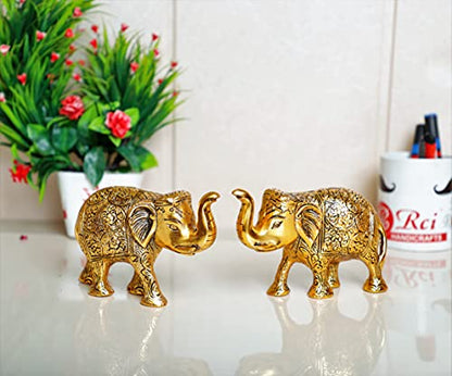 Metal Elephant Statue Small Size Gold Polish 2 pcs Set for Your Home,Office Table