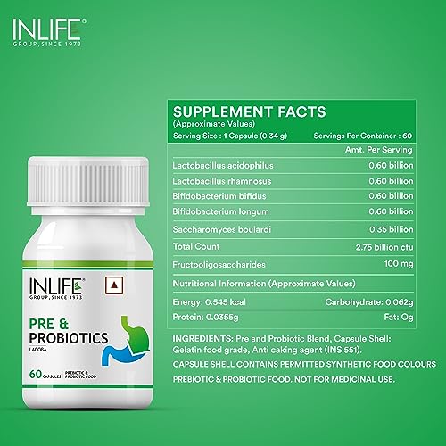 INLIFE Prebiotics and Probiotics Supplement for Men Women - 60 Capsules (Pack of 4)