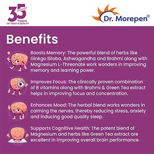 DR. MOREPEN Memory, Focus & Mood Tablets Enriched With GABA, Ashwagandha, Chamomile & Brahmi-Vitaminain Health|Non-GMO & Preservatives Free-60 Tablets