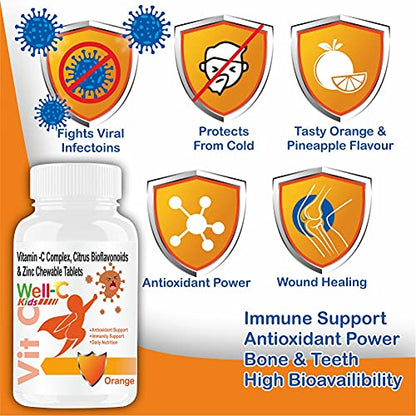 Well-C Vitamin C Tablets Immunity Booster For Kids and Zinc Supplements For Growth Strength Strong Bones Sugar Free Orange Flavor Chewable Tablets -60